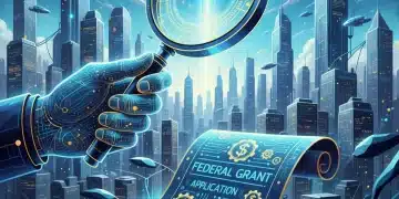 Illustration of magnifying glass over grant documents for 2026 federal funding