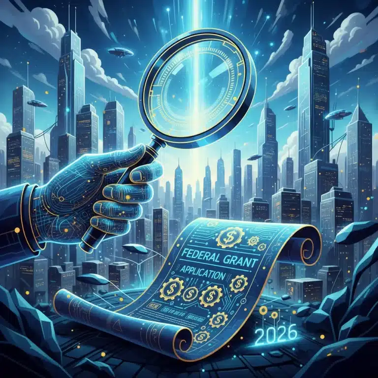 Illustration of magnifying glass over grant documents for 2026 federal funding
