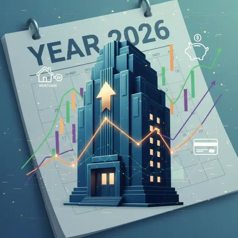 Illustration of Federal Reserve building with financial graphs and 2026 calendar.