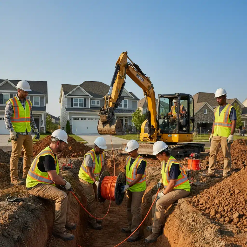 Broadband technicians installing fiber optic cables in a suburban trench.