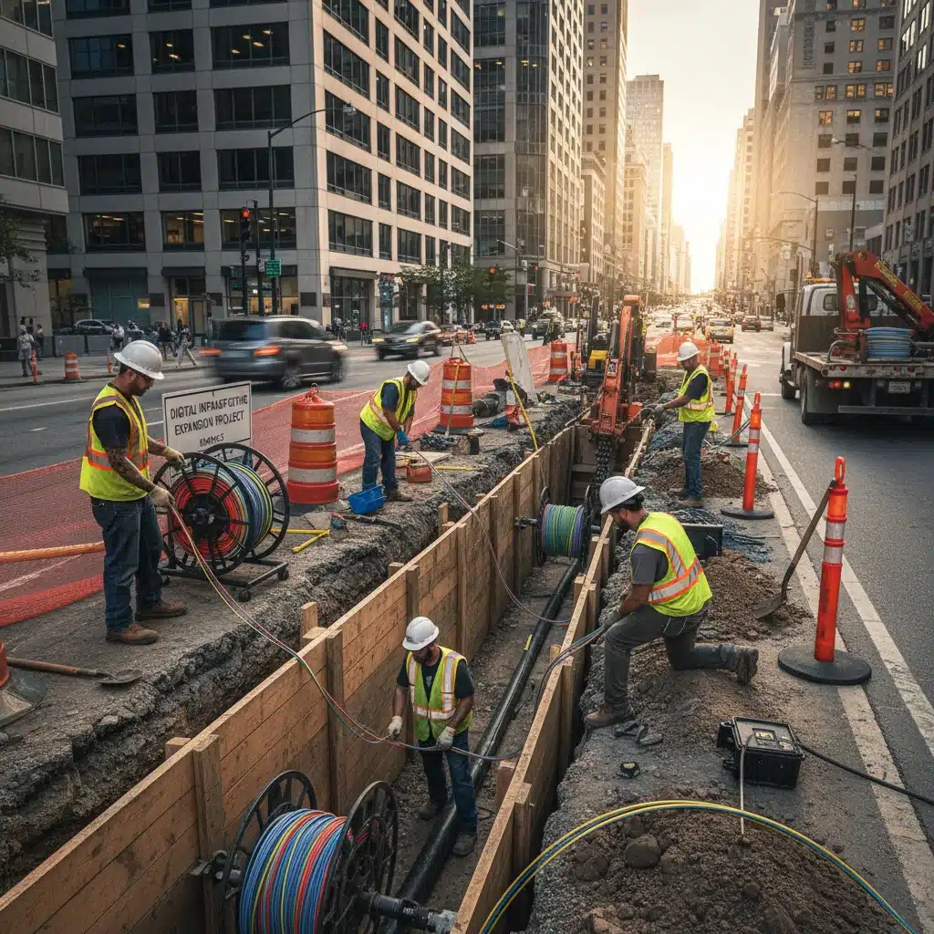 Fiber optic cable installation in an urban trench, expanding high-speed internet infrastructure.