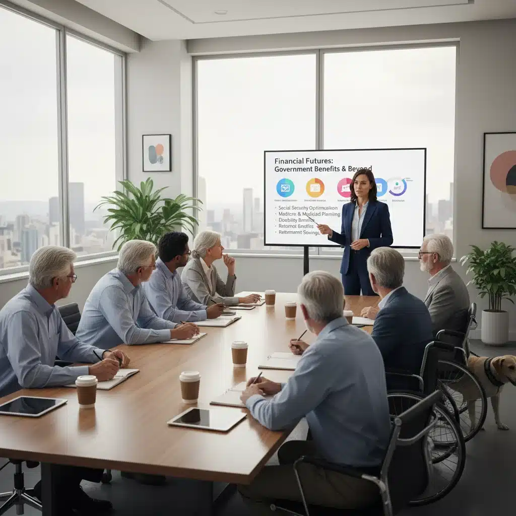 Diverse group consulting a financial advisor about SSI benefits and financial planning.