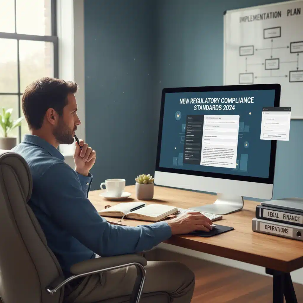 Individual reviewing FMLA compliance documents on a laptop in a home office