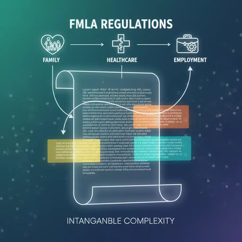 Infographic illustrating complex FMLA regulations and their impact on families and workplaces