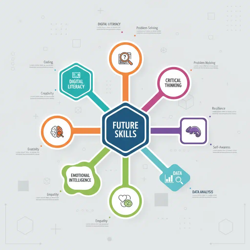 Infographic showing essential future skills like digital literacy, critical thinking, and adaptability.