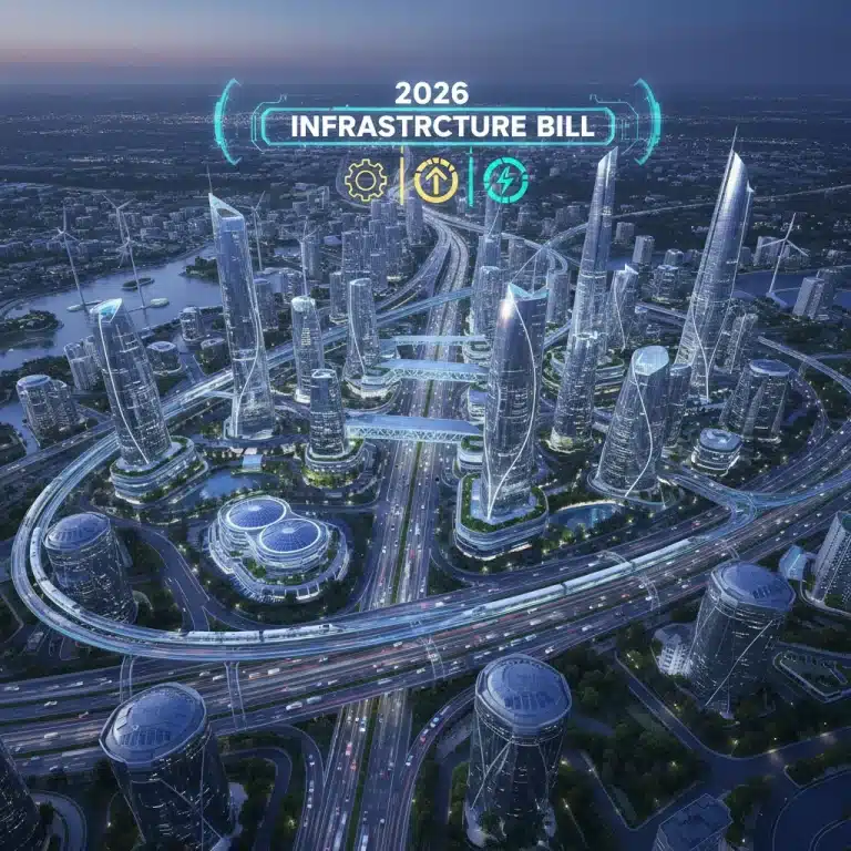 Futuristic city with high-speed rail and smart infrastructure, representing the 2026 Infrastructure Bill's impact.