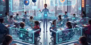 Futuristic classroom with students using advanced EdTech tools for learning