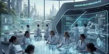 Healthcare's Digital Transformation: 8 New Job Categories Expected to Surge in the U.S. by 2027 Professionals collaborating in a futuristic digital healthcare environment, focusing on data and AI.