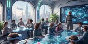 Students and teachers using advanced EdTech in a futuristic classroom setting, showcasing innovation in learning.