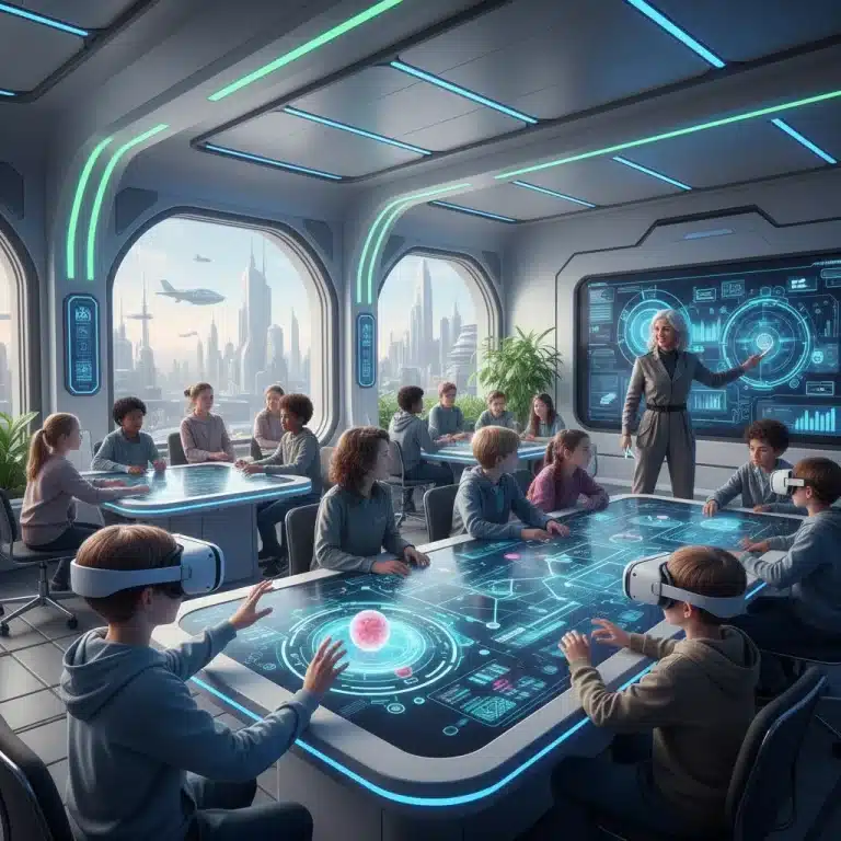 Students and teachers using advanced EdTech in a futuristic classroom setting, showcasing innovation in learning.
