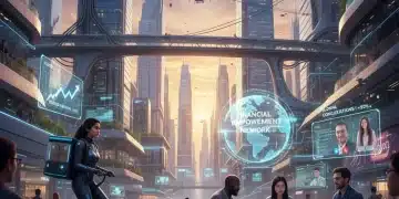 Diverse gig workers thriving in a modern, connected urban environment, symbolizing financial growth.