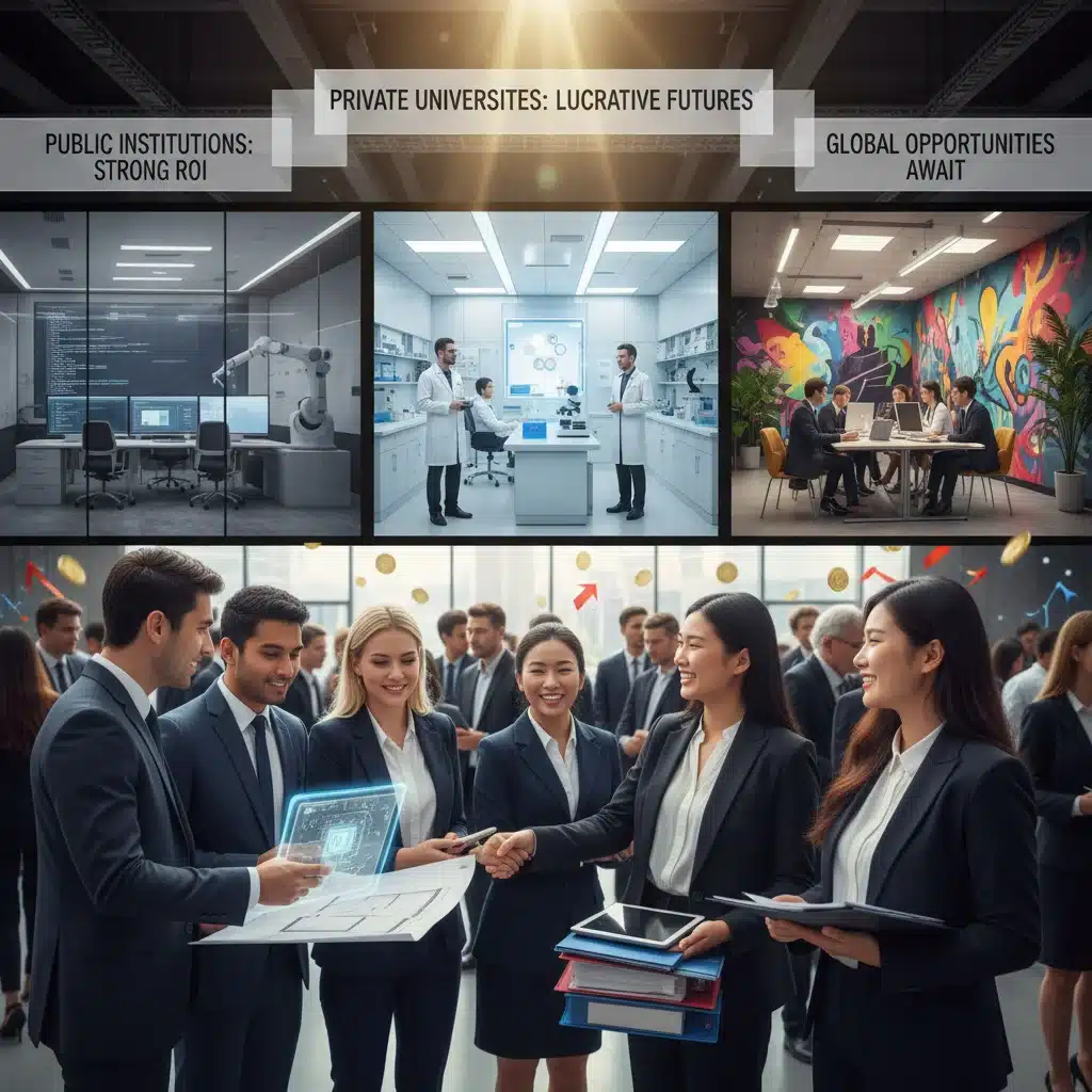 Recent graduates in professional roles discussing career opportunities