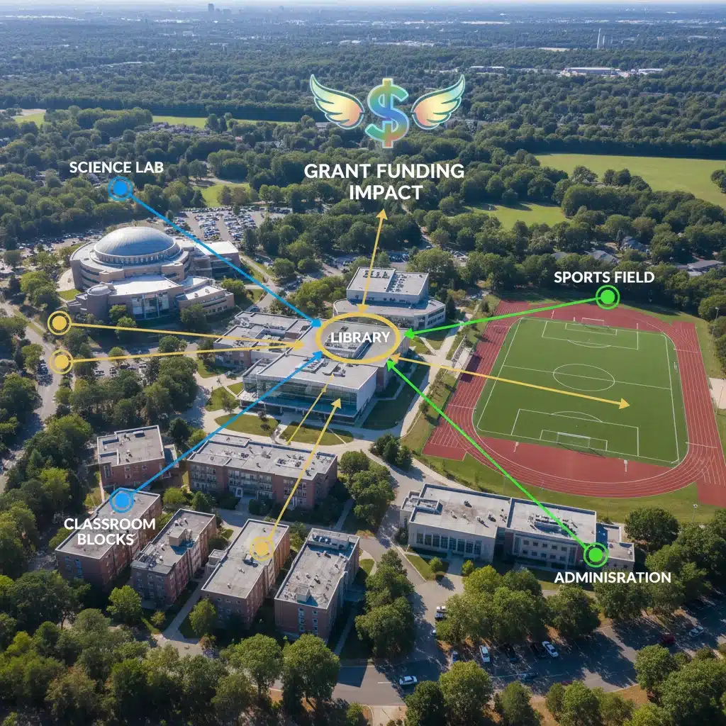Aerial view of a school campus with highlighted departments, symbolizing strategic allocation of grant funds.