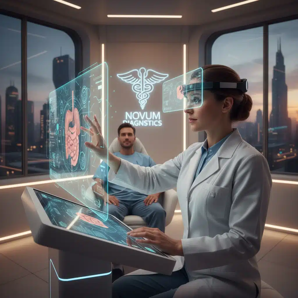 Healthcare worker using AI for diagnostics, human-machine medical collaboration.