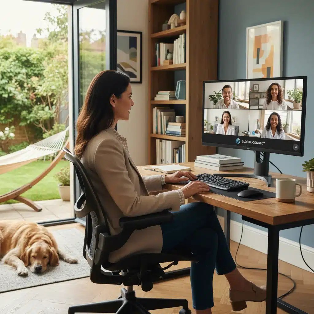 Professional in home office conducting virtual meeting, demonstrating work-life integration.