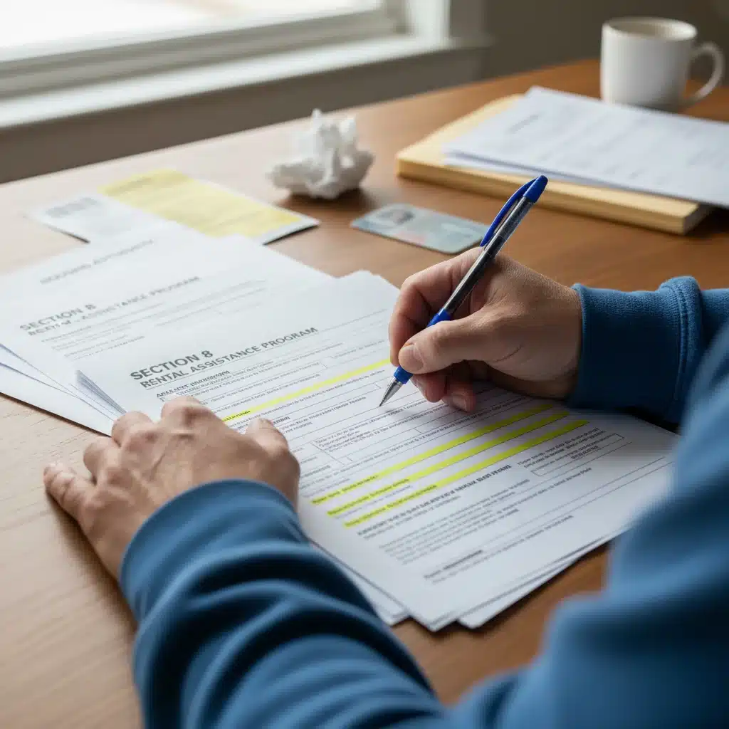 Hands filling out housing assistance application forms for Section 8