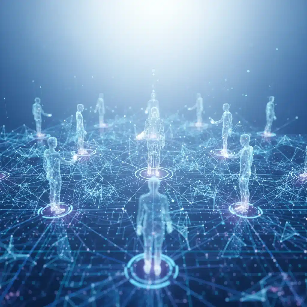 Abstract representation of human-AI collaboration and networked intelligence.