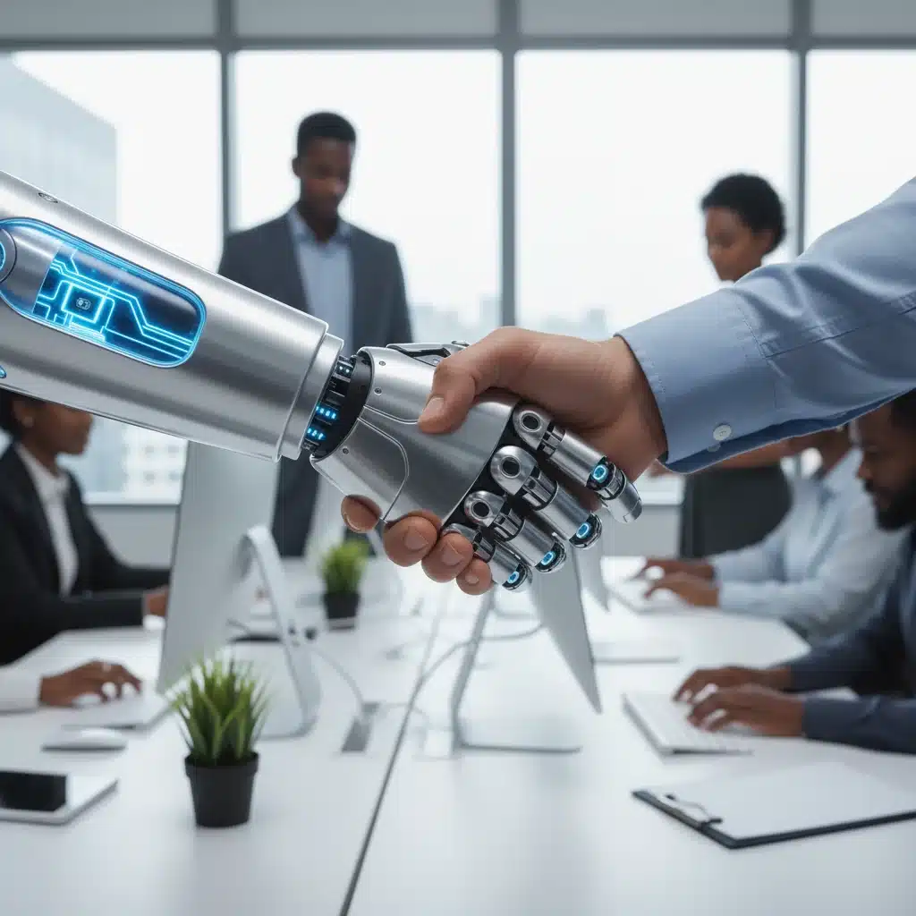 Human and robotic hands shaking, symbolizing collaboration in an automated workplace.