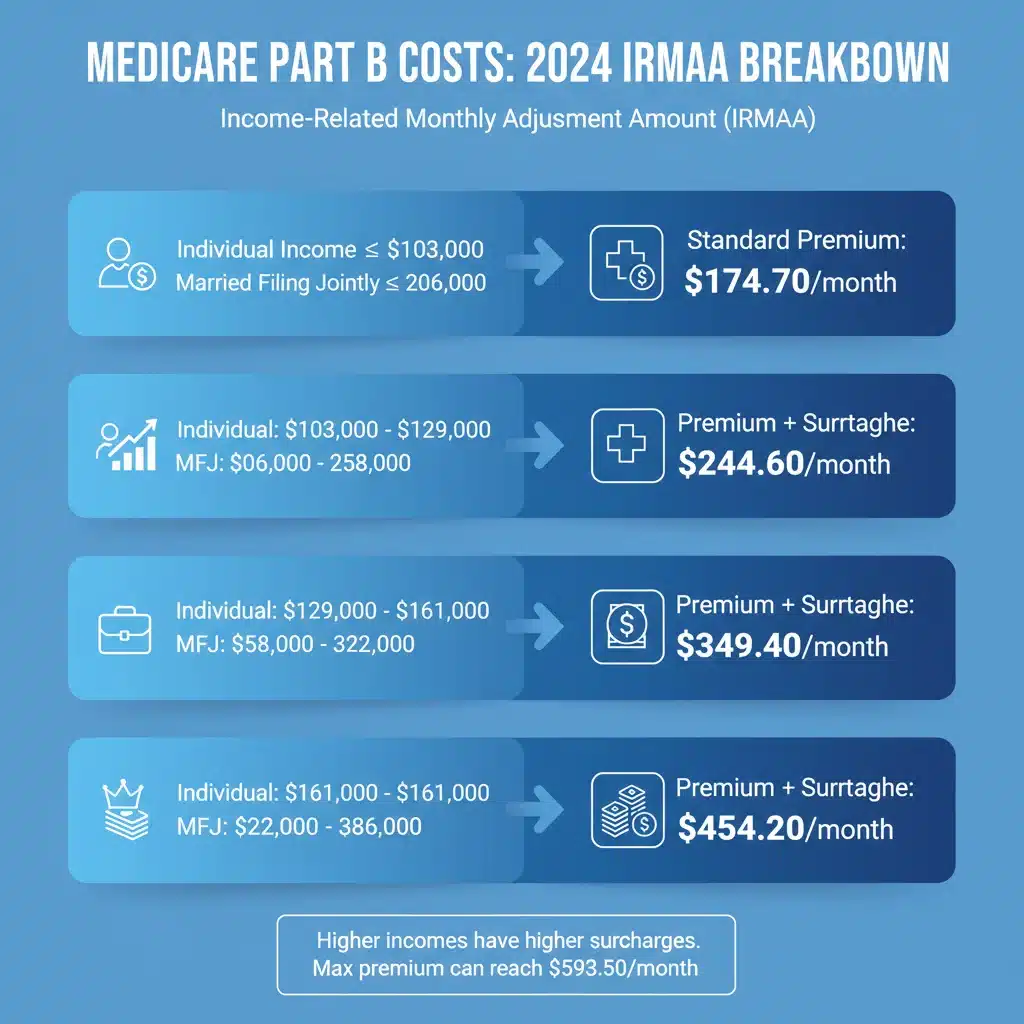 Infographic showing Medicare Part B IRMAA income brackets and associated premium surcharges.
