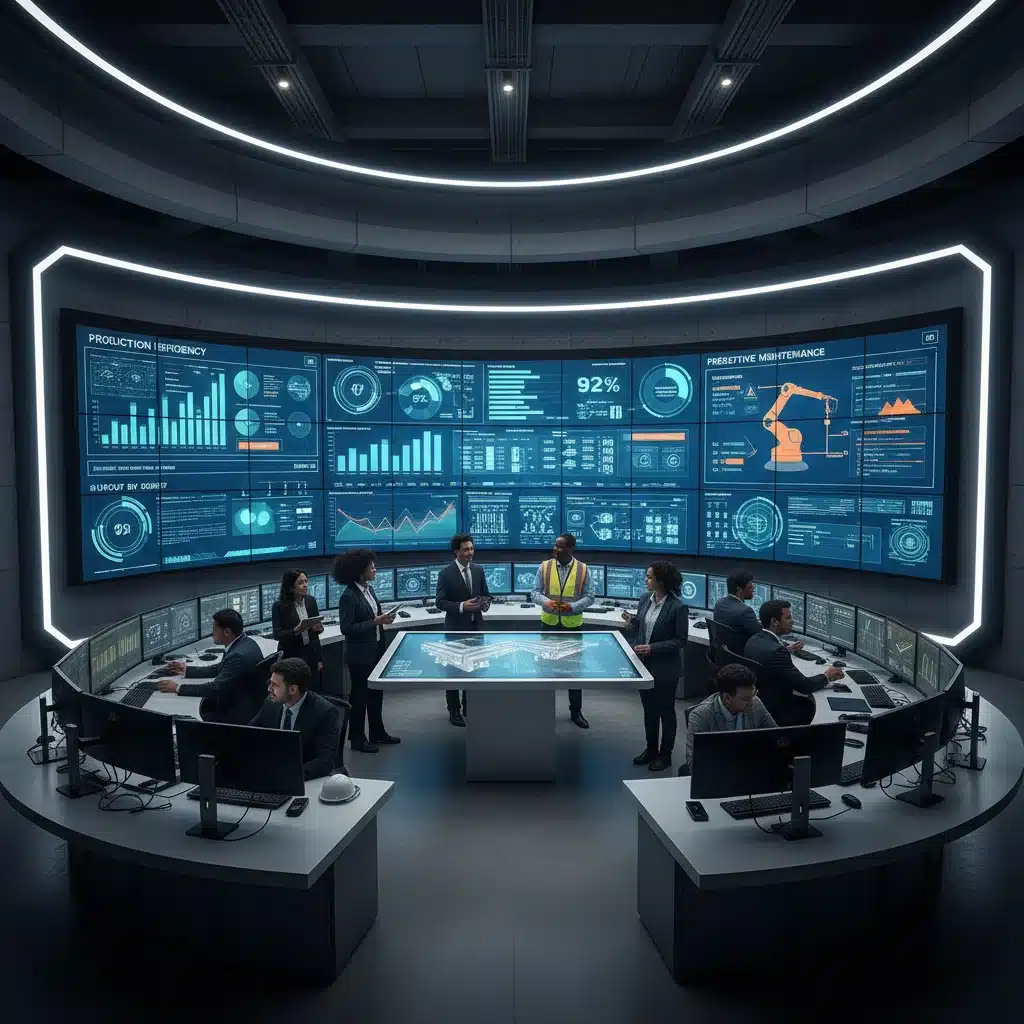 Data scientists and engineers analyzing real-time manufacturing data in a control room.