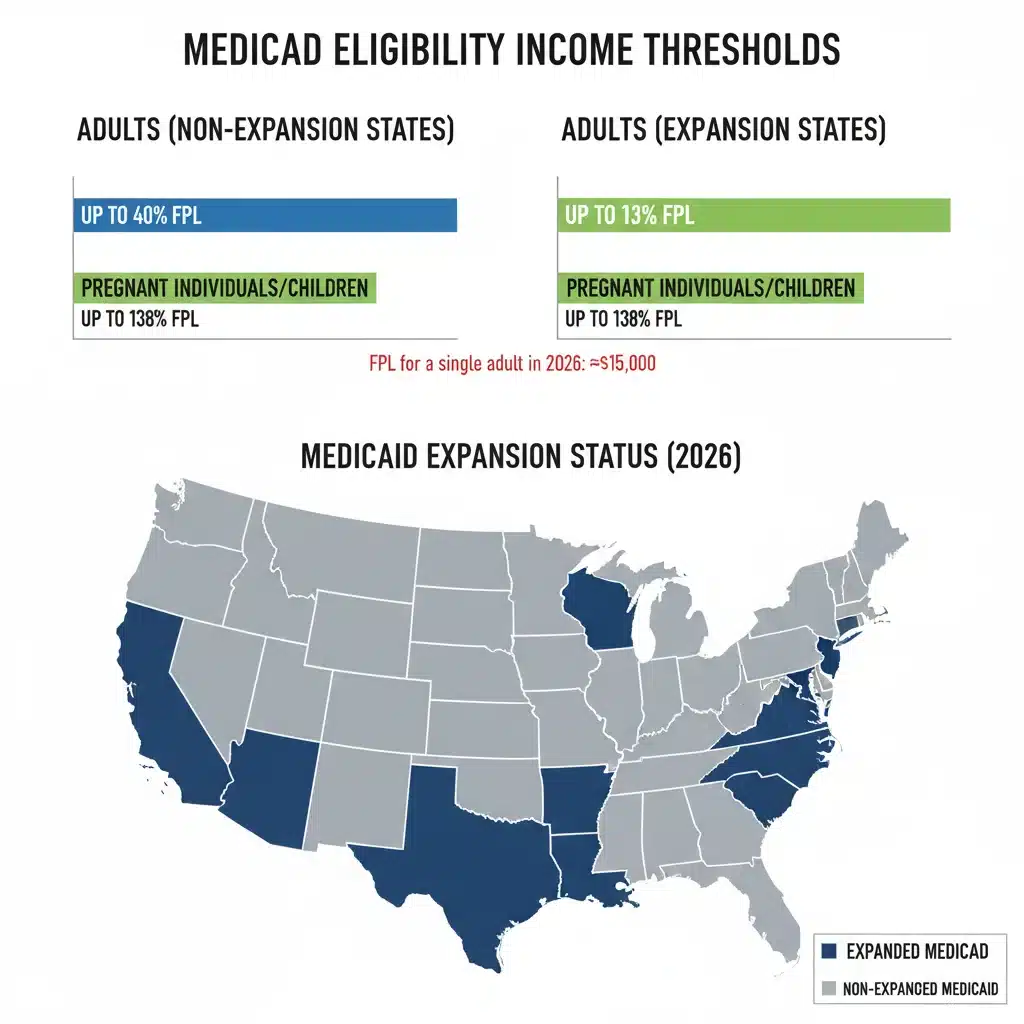 Infographic showing Medicaid income eligibility thresholds and state expansion status 2026