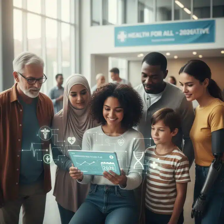 Diverse individuals reviewing Medicaid expansion information on a tablet for 2026