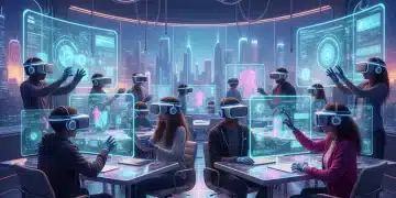Students engaging in an immersive virtual reality classroom experience.