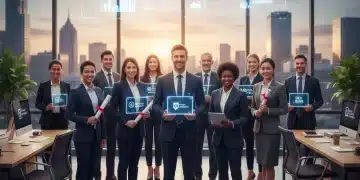 Micro-Credentials vs. Traditional Degrees: US Job Market 2026 Professionals with micro-credentials and diplomas in a modern office, symbolizing future job market trends.