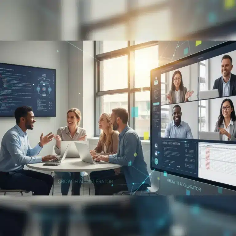 Mid-career professionals actively learning new skills in a modern, collaborative setting