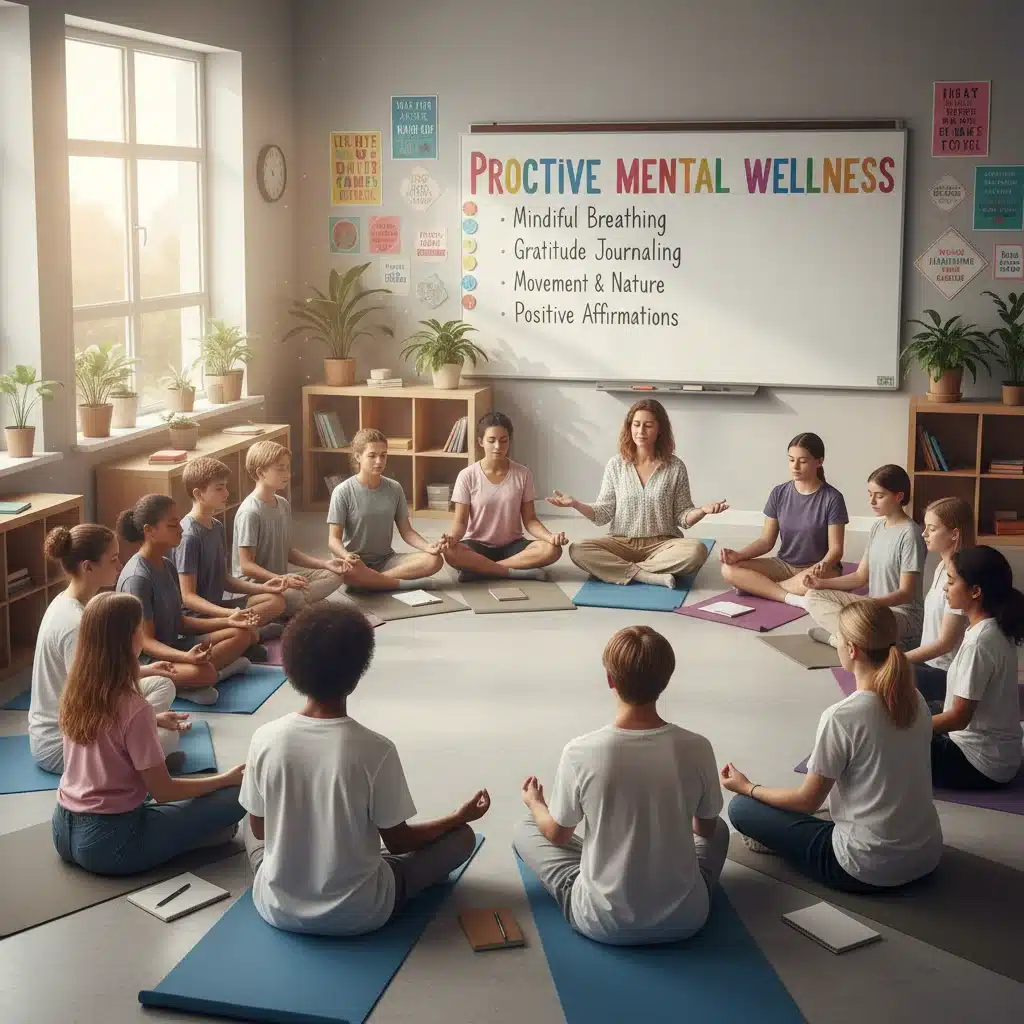 Teenagers practicing mindfulness in a classroom with a teacher, promoting mental wellness.