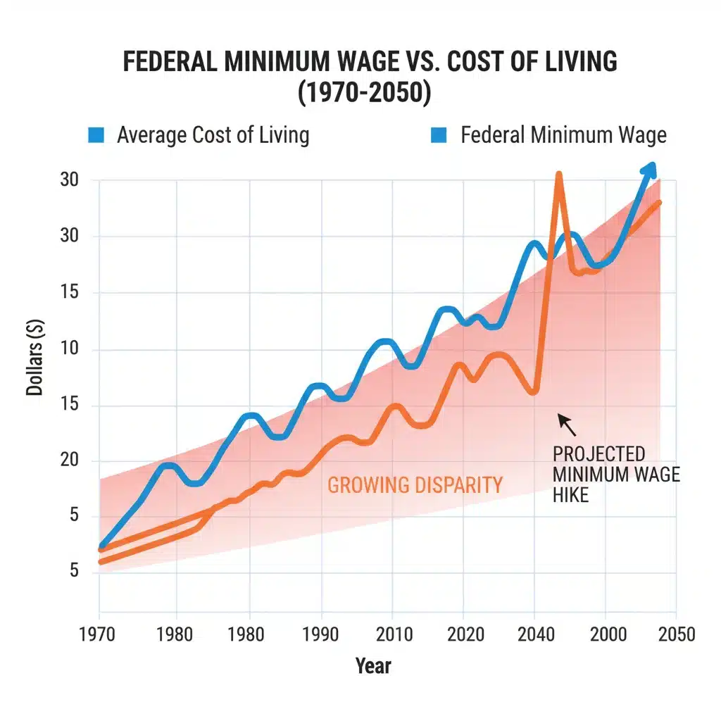 Historical federal minimum wage vs cost of living graph