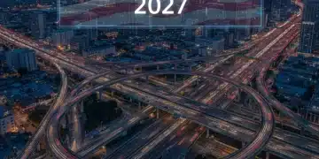 Modern highway interchange with digital overlay showing infrastructure bill funding and year 2027.