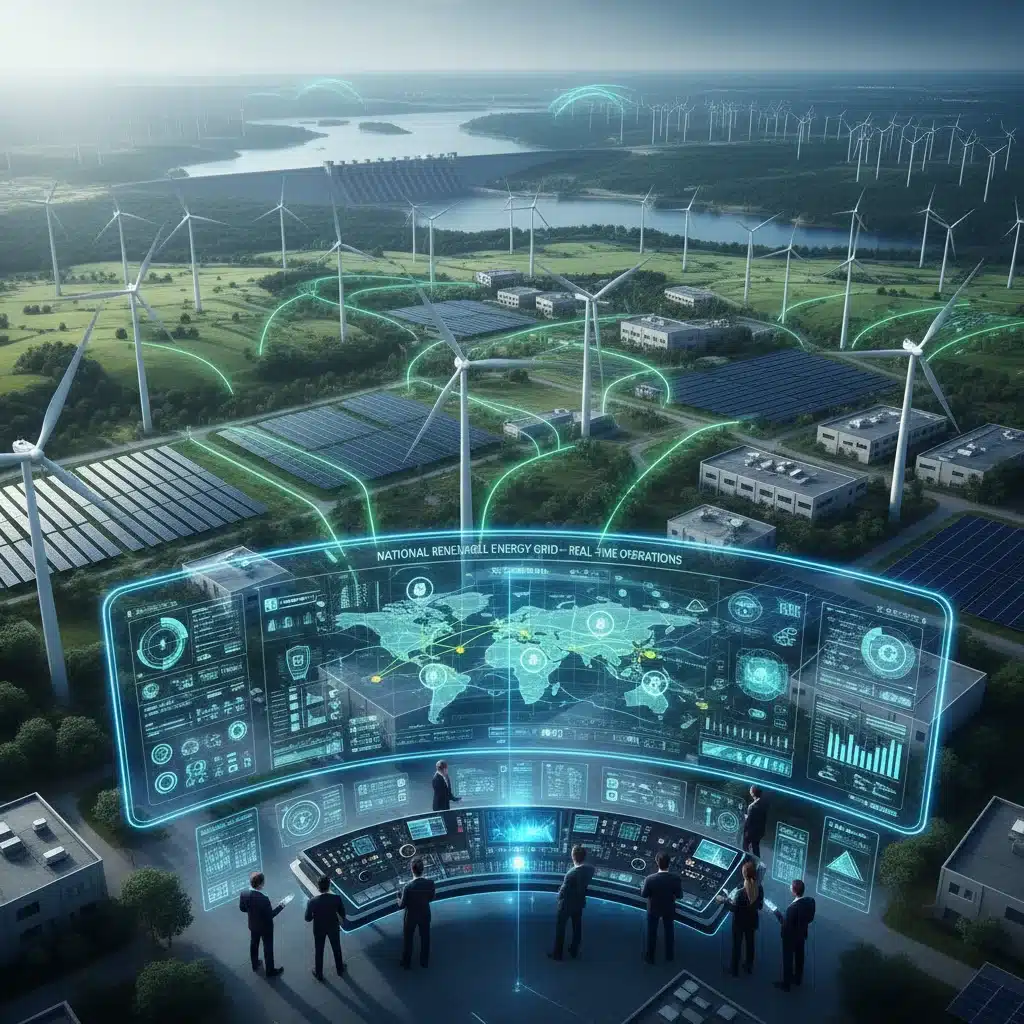 Integrated renewable energy grid with wind, solar, and hydro power sources.