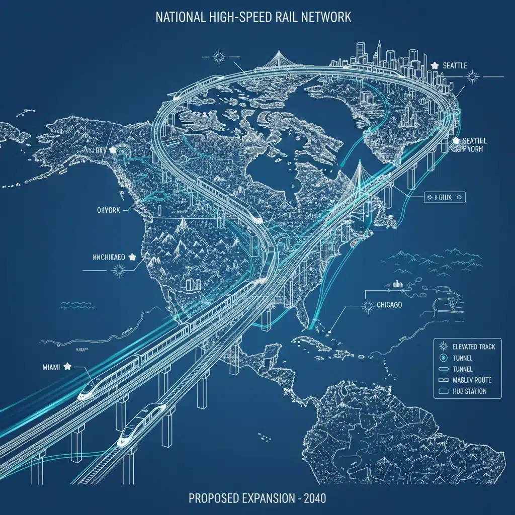 Blueprint of a national high-speed rail network, showing modern trains and tracks.