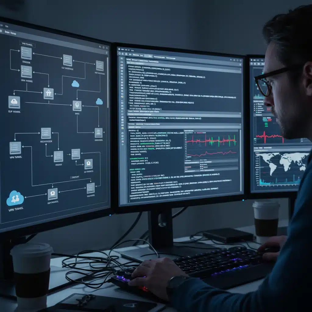 Network architect analyzing complex network security diagrams and code on multiple screens, illustrating technical depth.