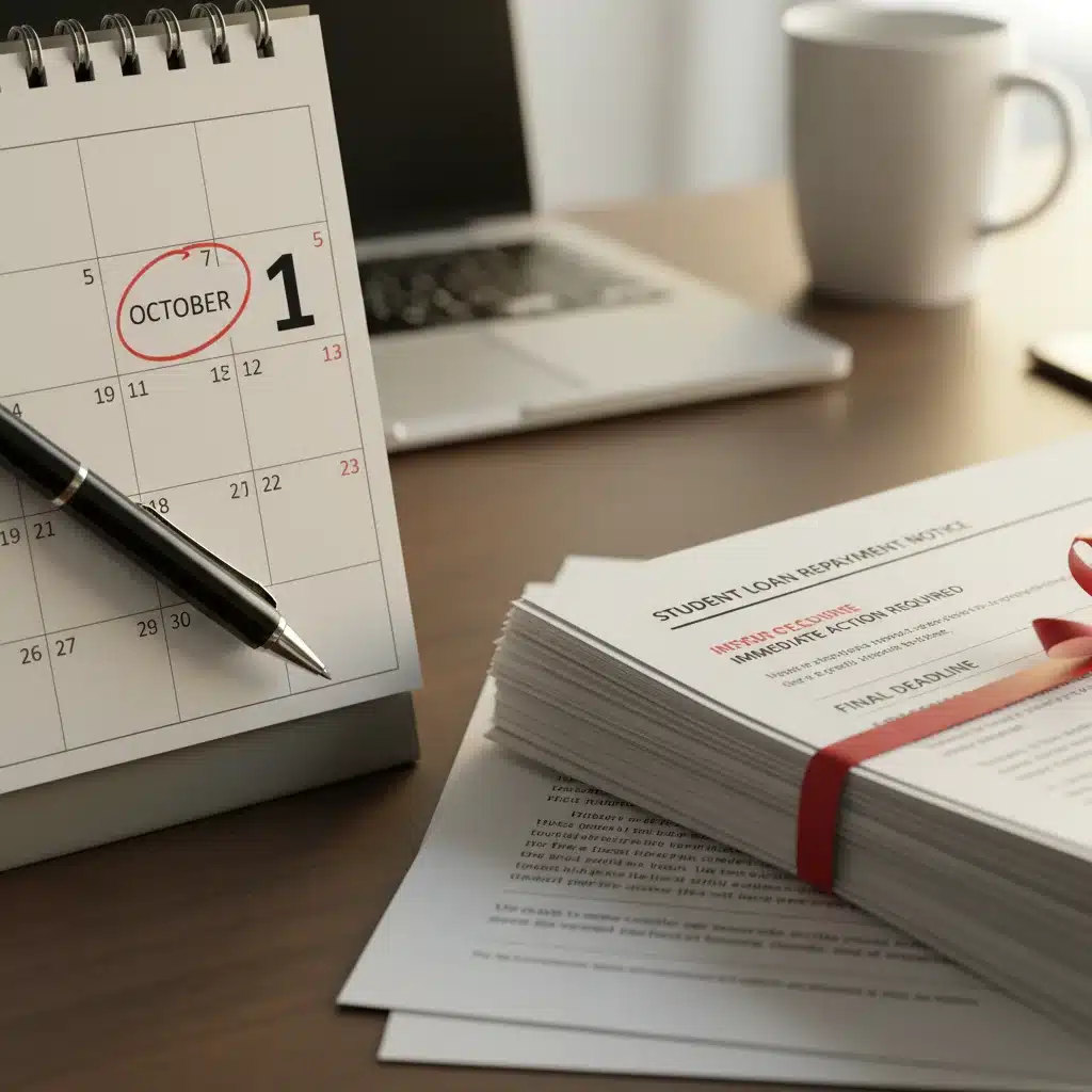 October 1 deadline circled on a calendar with student loan documents.