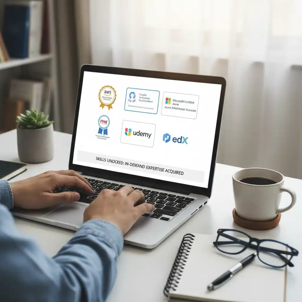 Hands typing on laptop, digital certification badges, online learning
