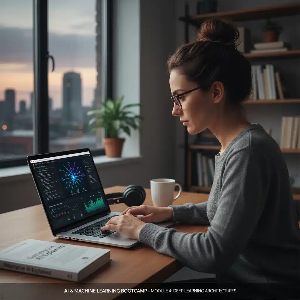 Professional engaged in online learning for AI skills development.