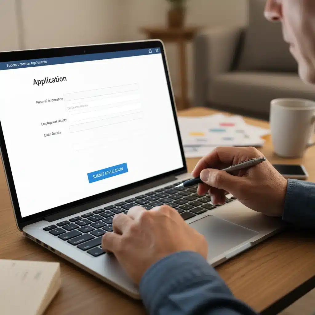 Hands completing online unemployment benefits application form