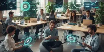 Diverse professionals engaging with personalized digital learning platforms in a modern office.