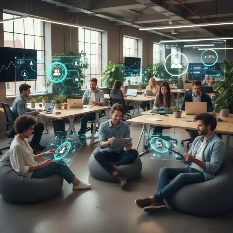 Diverse professionals engaging with personalized digital learning platforms in a modern office.