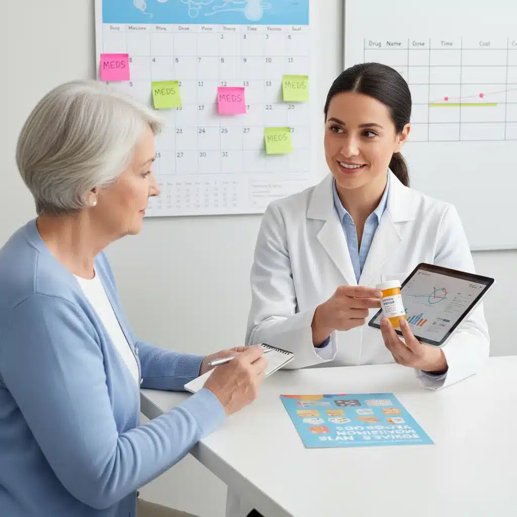 Pharmacist explaining prescription costs and benefits to a senior patient.