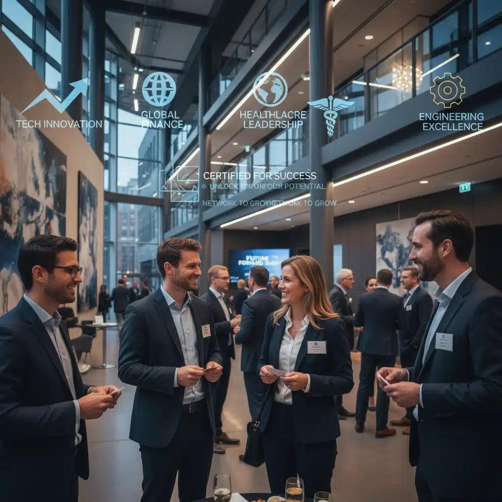Professionals networking, exchanging business cards, career growth