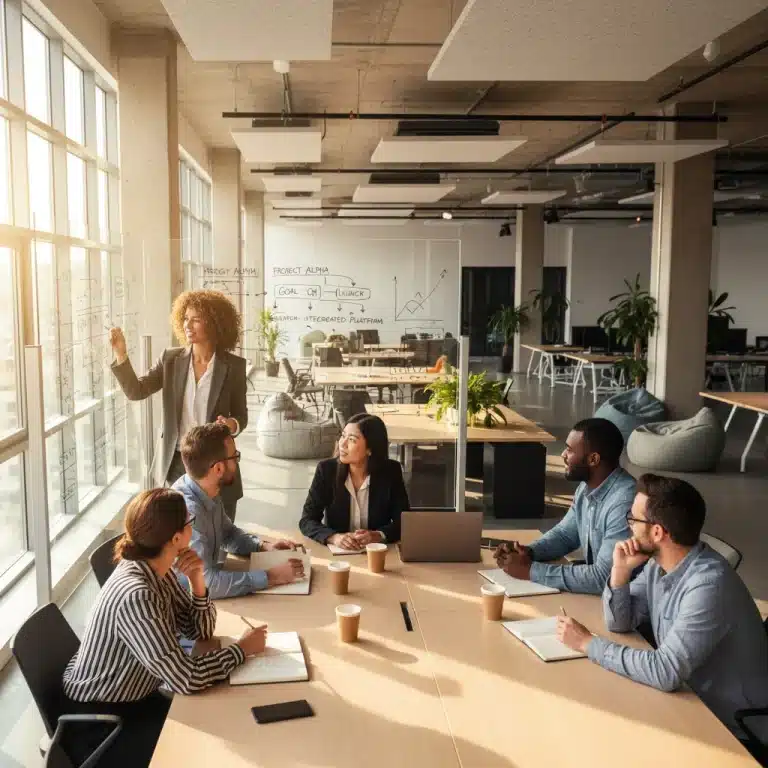 Professionals collaborating in modern office, showcasing teamwork and communication