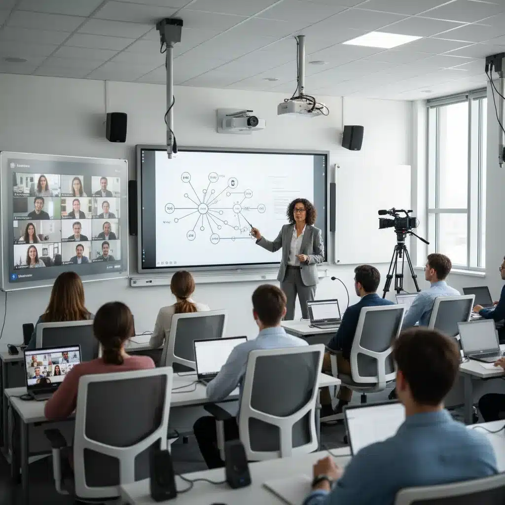Professor teaching a hybrid class with integrated technology