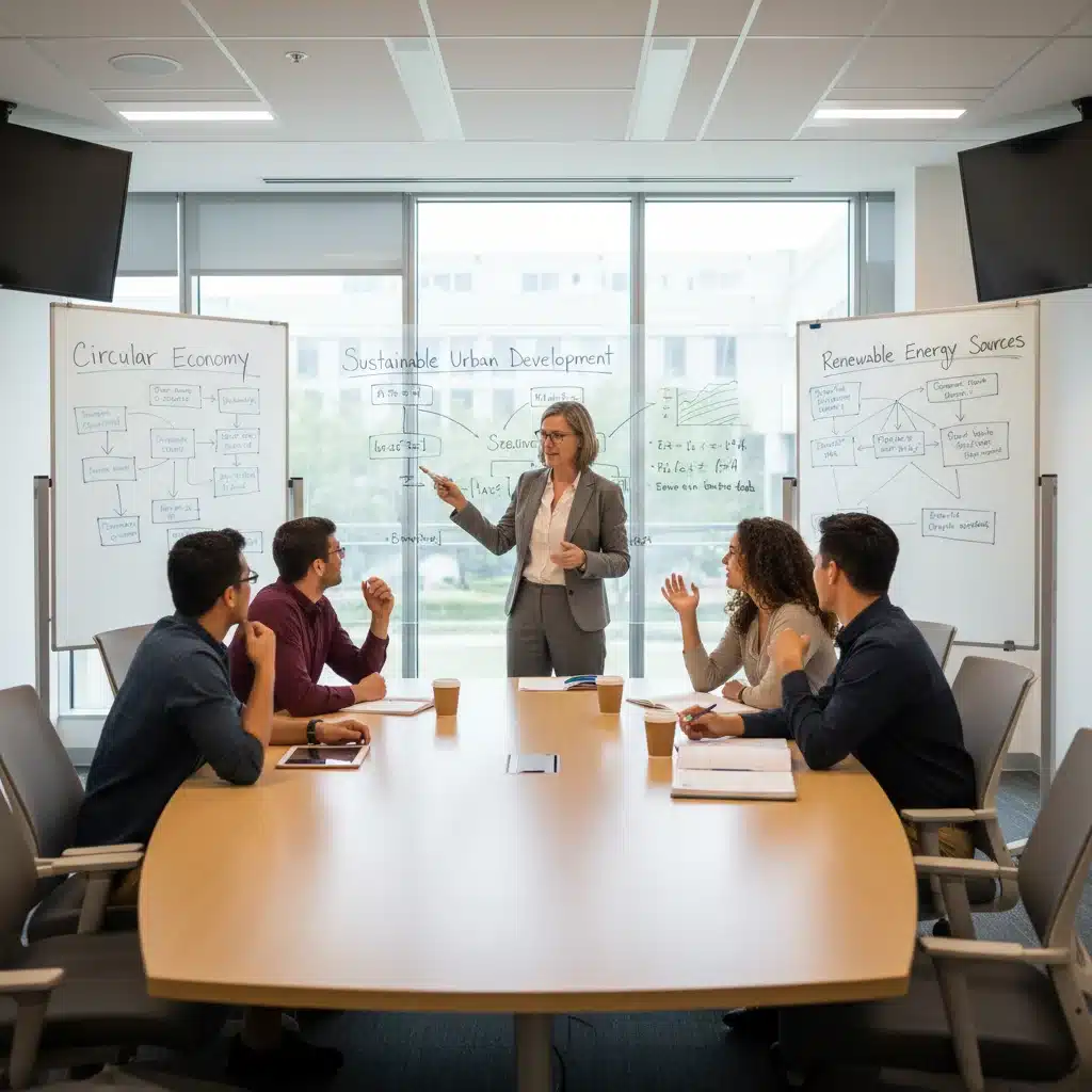 Professor facilitating active student discussion in a modern classroom setting.