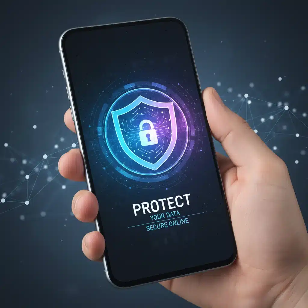 Person protecting digital data on smartphone with shield icon