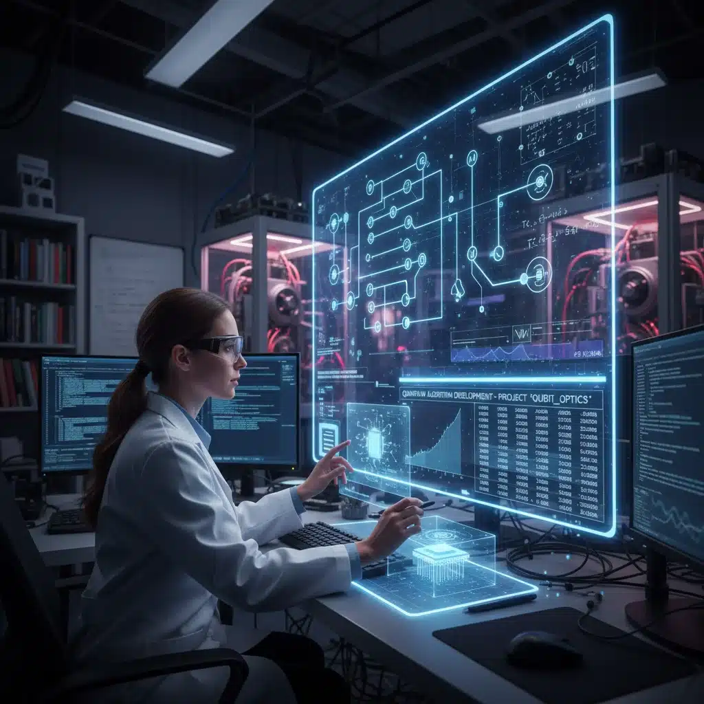 Researcher analyzing quantum algorithm on screen, demonstrating practical quantum computing applications.