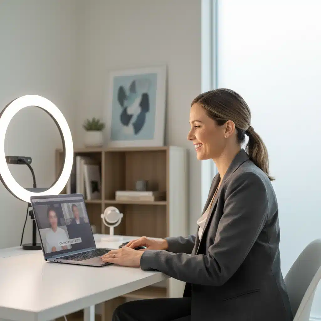 Consultant providing remote professional advice through a video conference call.