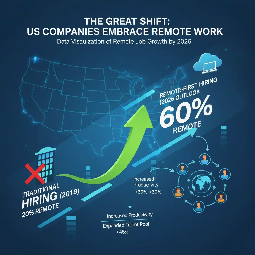 Infographic showing increasing percentage of US companies hiring for remote roles by 2026.
